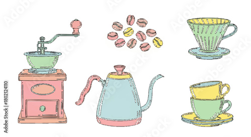 Illustration of a coffee grinder, beans, kettle, and cups, showcasing the coffee-making process in a colorful and artistic style.