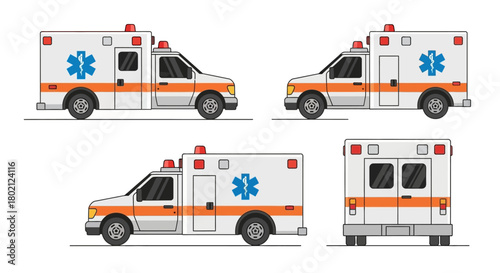 Set ambulance vehicles from different angles, emergency medical service transport