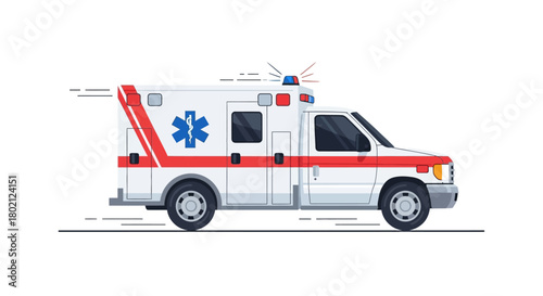 Ambulance with red stripes and blue lights is driving on road, isolated on