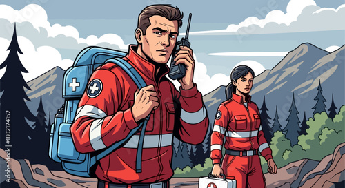 Mountain rescue team, man with radio and woman with first aid kit, emergency response in nature