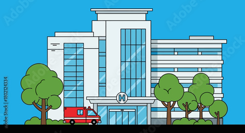 Modern hospital building exterior with an ambulance parked in front, surrounded by trees and blue sky, representing healthcare services and medical facilities