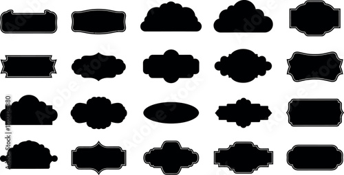 Collection of decorative black silhouettes of vintage labels and emblems for design elements