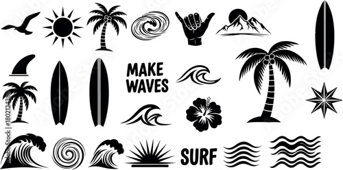 Collection of black and white surfing and tropical beach themed graphic elements and icons