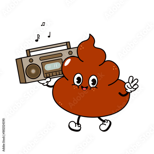 Poop emoji character dancing with boombox and peace sign