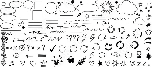 Collection of hand drawn doodle elements including speech bubbles arrows stars hearts and symbols for design