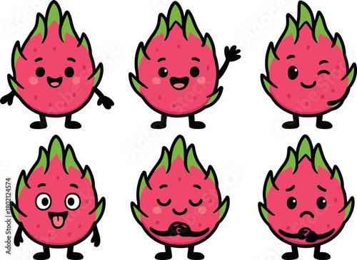 Cute dragon fruit characters with various emotions