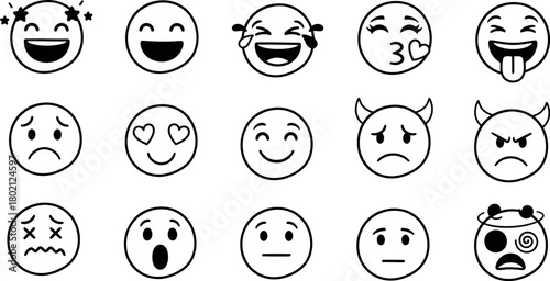 Collection of hand drawn emoji faces expressing a variety of emotions and moods in a simple sketch style