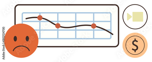 Chart with falling trend line, sad face, money, and video icons. Ideal for economy, loss, financial trouble, business downturn, online meetings data analysis simple flat metaphor
