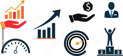 Collection of business and finance icons representing growth success and achievement in a modern flat design style