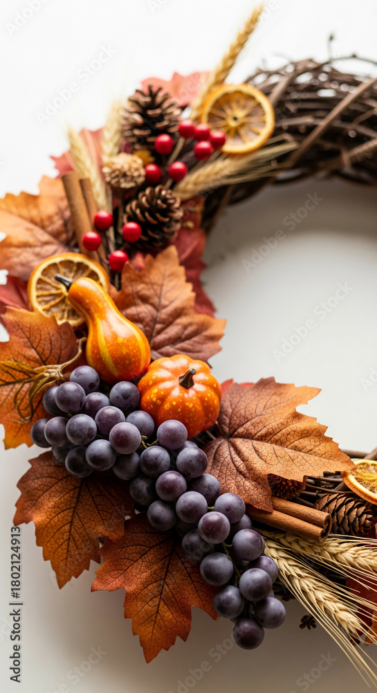 Obraz premium Autumn wreath with leaf, pumpkin, grape, and pinecone elements, creating a festive seasonal arrangement, representing fall harvest, celebration, and thanksgiving