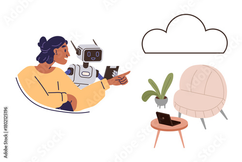Woman interacting with robot holding tablet, cloud shape, cozy chair, desk, plant, laptop nearby. Ideal for technology, innovation, AI collaboration remote work smart home human-robot