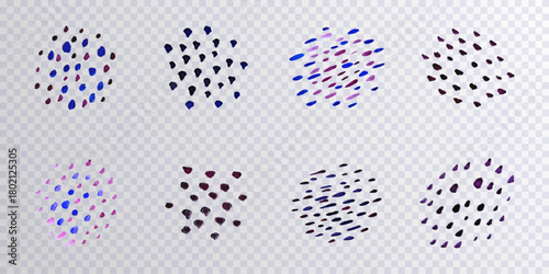 Collection of blue watercolor dots isolated on transparent background. Set of blue and red  decorative splashes. Art decorations. Watercolour splashes. Design elements. Vector illustration.