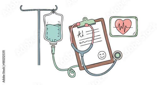 Illustration depicting medical equipment including an IV bag, stethoscope, clipboard, and heart monitor.
