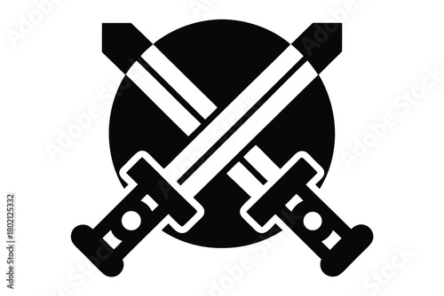 Two white swords are crossed over a solid black circle backdrop image