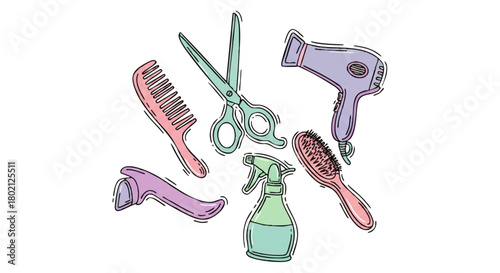 Illustration depicting a collection of hairdressing tools: comb, scissors, hair dryer, spray bottle, hair brush, and neck duster.