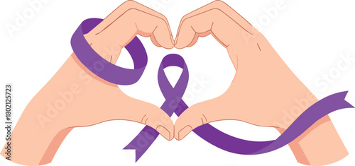 Hands form heart shape with purple awareness ribbon