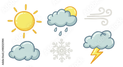 Cartoon illustration depicting various weather conditions: sun, rain, cloud, wind, snow, and lightning, presented as isolated elements.