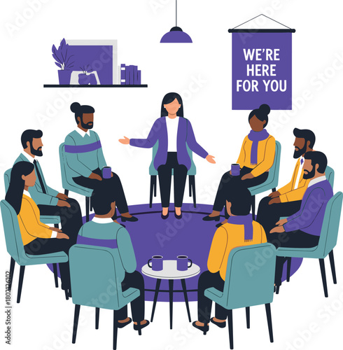 Support Group Meeting with Diverse People and Therapist