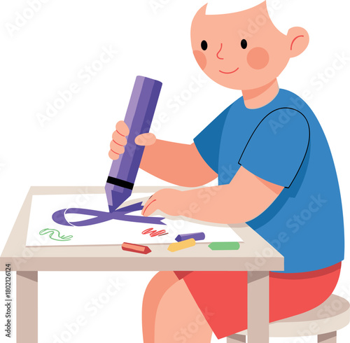 Creative Child Draws Purple Ribbon With Large Crayon