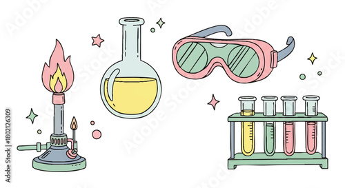 Illustration of a Bunsen burner with flame, round bottom flask with yellow liquid, safety goggles, and test tubes in a rack.