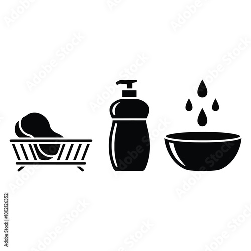 Black icon set showing dish sponge in rack soap dispenser and water drops falling into bowl dishwashing