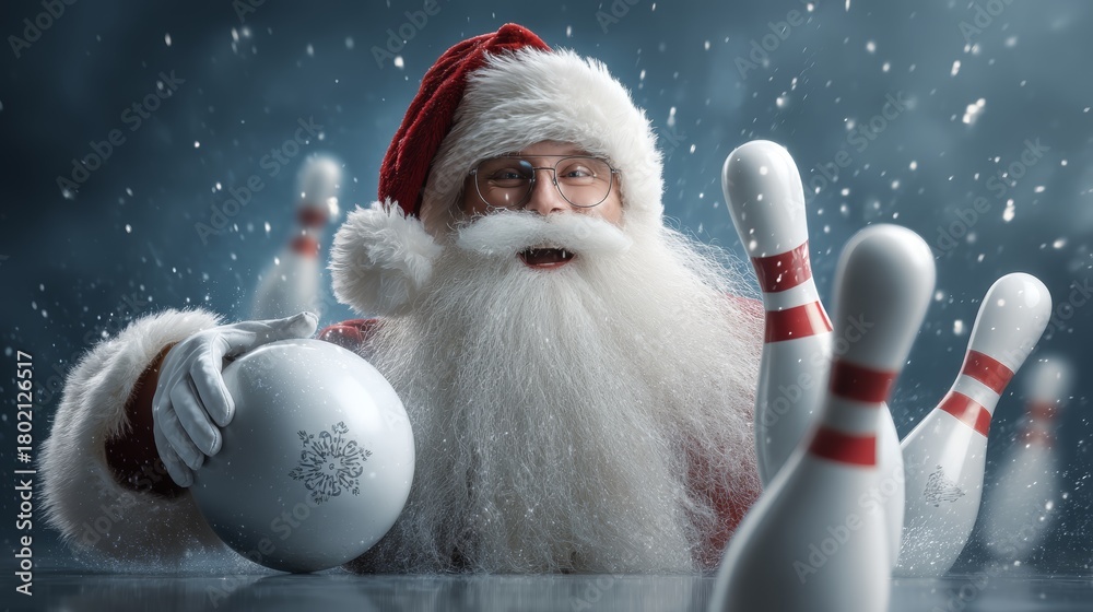 Naklejka premium A cheerful elderly Caucasian man with a long white beard and red Santa hat holds a bowling ball, surrounded by bowling pins in a snowy setting.