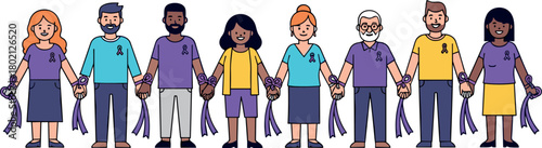 Diverse people holding hands with purple awareness ribbons