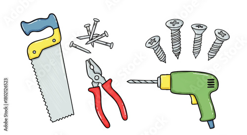 Illustration of a hand saw, pliers, a pile of nails, screws, and a power drill, arranged on a white background.