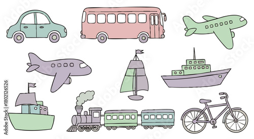 Illustration featuring various modes of transportation, including a car, bus, airplane, boat, train, sailboat, and bicycle, arranged on a white background.