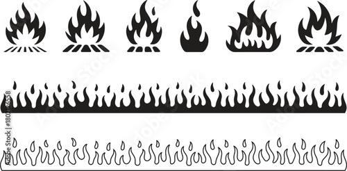 Hot fire elements pack for creative projects, flaming borders and isolated flames designs