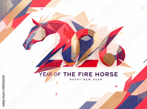 Year of the Fire Horse 2026 Geometric Design with Horse Head Illustration for New Year Celebration