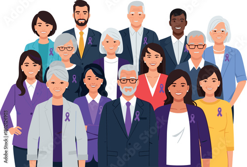 Diverse group of people wearing purple ribbons for awareness