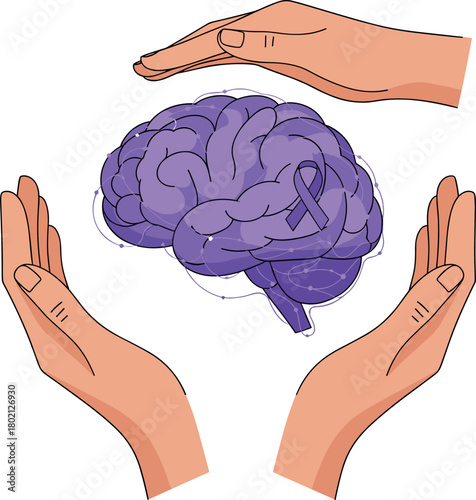Hands Protect Purple Brain with Epilepsy Awareness Ribbon