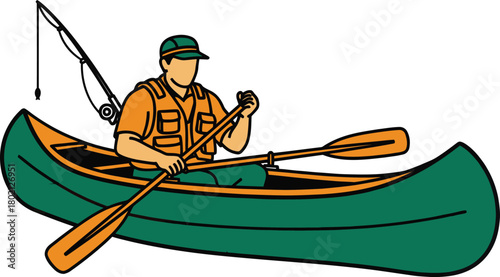 Man fishing from a green canoe with oars and rod
