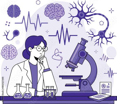 Scientist studying brain and neurons with microscope and EEG