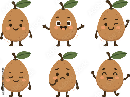 Set of cute sapodilla fruits with different emotions and poses