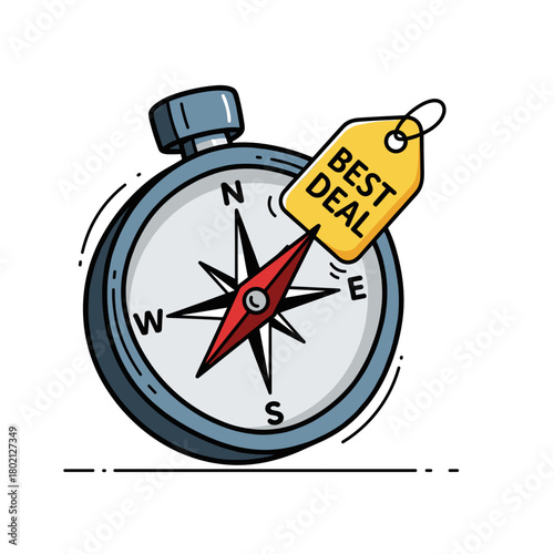 Compass with a tag labeled Best Deal in a modern illustration style  