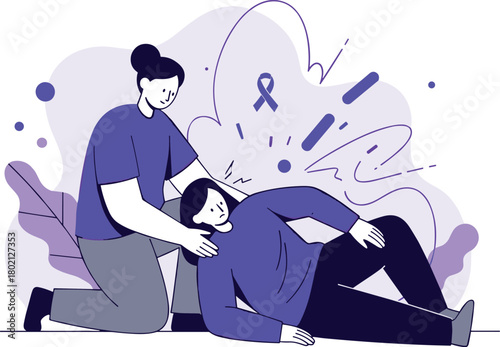 Caregiver assisting person with epilepsy, purple awareness ribbon