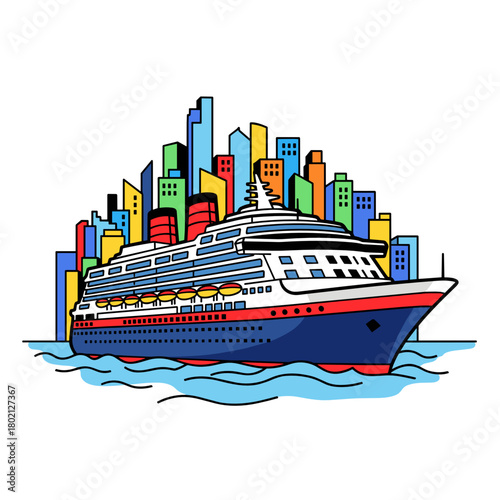 Cruise ship sailing on gentle waves with skyline in background