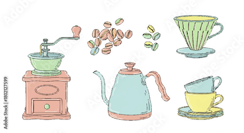 Illustration of coffee brewing equipment including a grinder, kettle, pour-over dripper, coffee beans, and stacked cups.