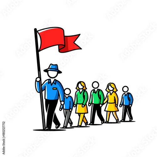 Tour guide leading group of tourists with red flag concept of Travel Expo  