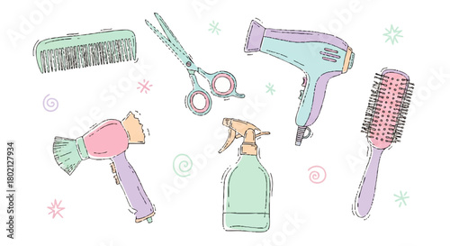 Illustration of various hairstyling tools, including scissors, brushes, and hair dryers, arranged on a white background.