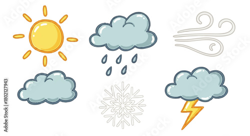 Cartoon illustrations of various weather conditions including sun, clouds, rain, wind, snow, and lightning.