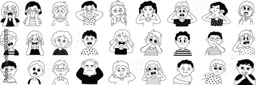 Black and white cartoon vector set of expressive children’s faces showing emotions for education, design, and storytelling themes