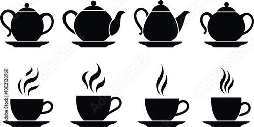 Black and white teapot and teacup silhouette vector set with steam and saucers for beverage and kitchen design themes