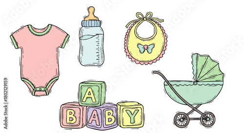 Illustration of baby items including a onesie, bottle, bib, blocks spelling "BABY", and a stroller, all in pastel colors.