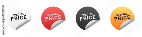 Round special price labels with curled corners and smooth color variations. Each sticker has bold text that highlights an important discount message