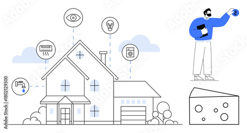 Modern house connected to smart devices for monitoring, user interacting with controls, automation setup. Ideal for technology, innovation, energy savings, security, IoT, convenience simple flat