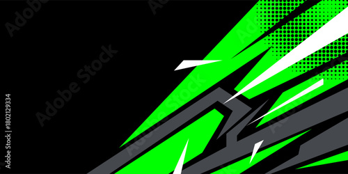 Dynamic green racing stripes abstract background featuring sharp geometric lines, halftone dots, and high-energy motion effects.