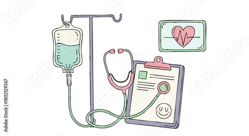 Medical illustration of an IV drip bag, stethoscope, clipboard, and heart monitor.